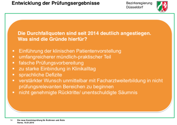 Was sind die Gründe für die ansteigenden Durchfallquoten? Die Einführung der klinischen Patientenvorstellung bei der Prüfung. Der umfangreiche mündlich-praktische Teil. Falsche Prüfungsvorbereitung. Zu starke Einbindung in den Klinikalltag. Sprachliche Defizite. Verstärkter wünsch, unmittelbar mit der Facharztweiterbildung in nicht prüfungsrelevanten Bereichen zu beginnen. Nicht genehmigte Rücktritte, unentschuldigte Säumnisse.